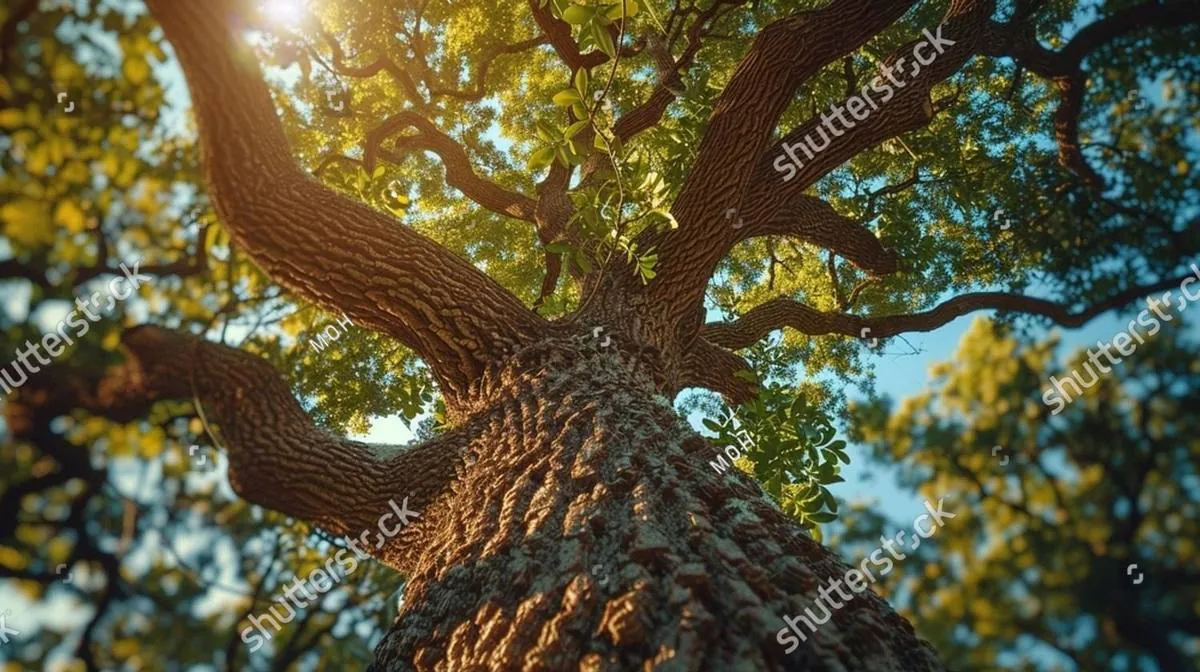 Looking up a large tree trunk into sunlit green branches and blue sky