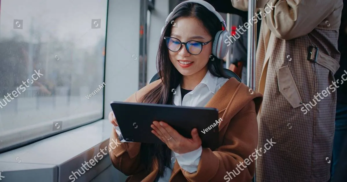 Smiling woman in headphones using a tablet beside a tram window