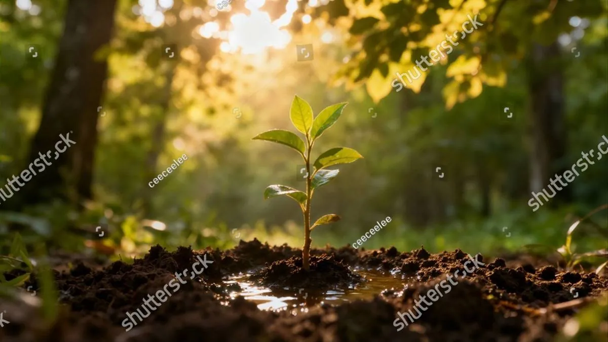Young seedling growing from dark soil in a sunlit forest clearing